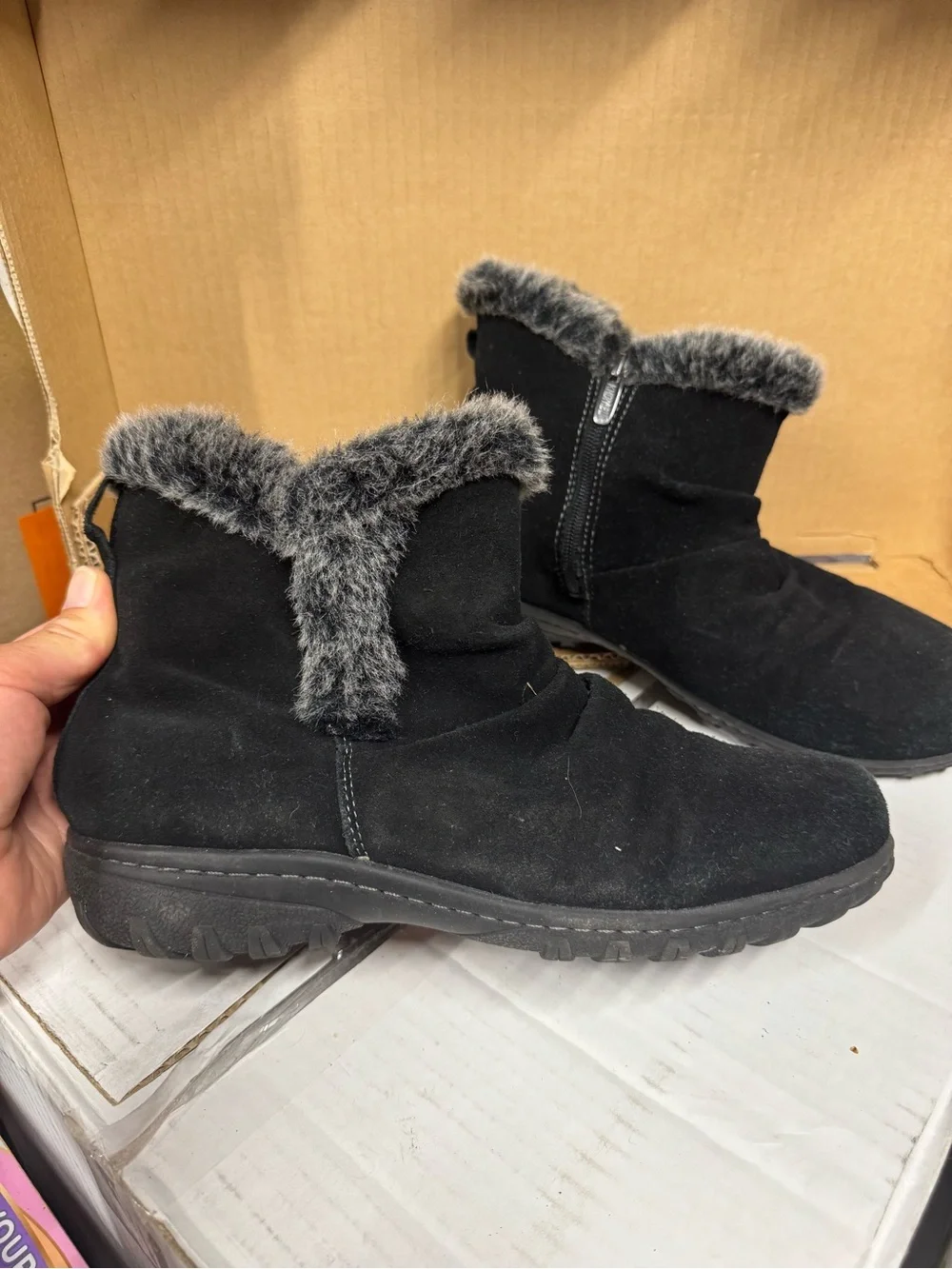 Women's Black Faux-Fur Trim Suede Leather Ankle Boots